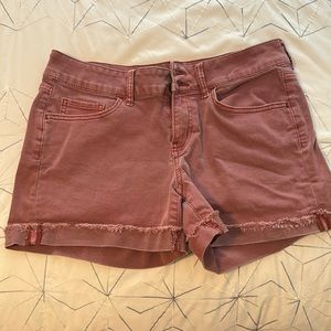 High waisted red wash jean shorts
